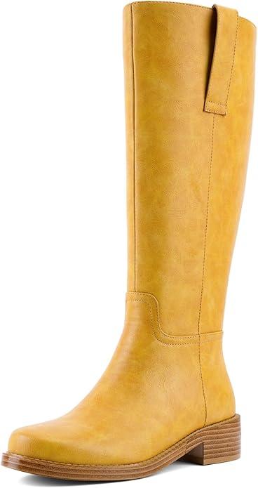 Women's Square Toe Chunky Heel PU Leather Knee-High Boots Multiple Colors (Black,Burgundy,Yellow,Brown) Stylish Casual & Dress Footwear
