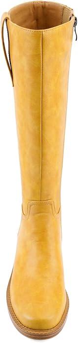 Women's Square Toe Chunky Heel PU Leather Knee-High Boots Multiple Colors (Black,Burgundy,Yellow,Brown) Stylish Casual & Dress Footwear