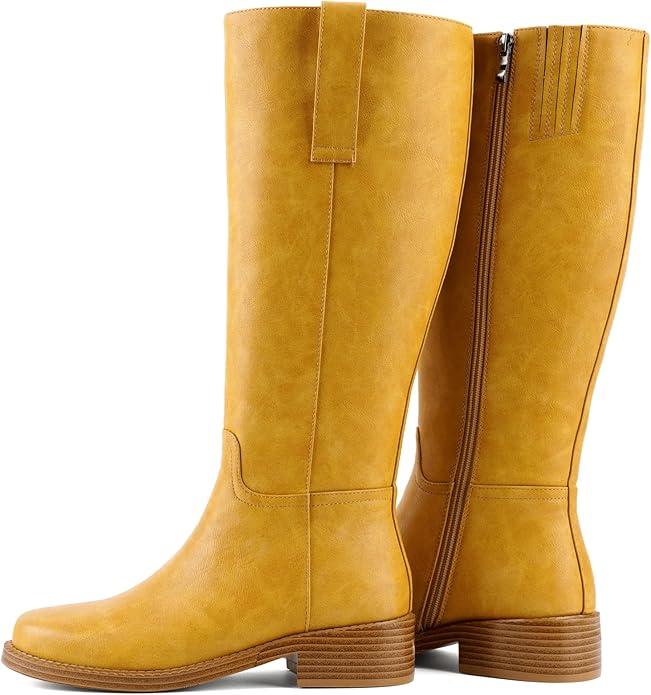 Women's Square Toe Chunky Heel PU Leather Knee-High Boots Multiple Colors (Black,Burgundy,Yellow,Brown) Stylish Casual & Dress Footwear