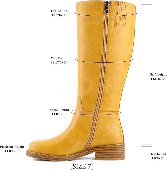 Women's Square Toe Chunky Heel PU Leather Knee-High Boots Multiple Colors (Black,Burgundy,Yellow,Brown) Stylish Casual & Dress Footwear