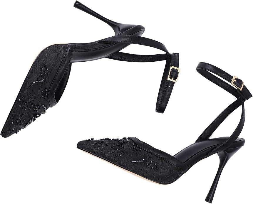 Brown Mesh Heels For Women Pointed Closed Toe Ankle Strap Wedding Party Stiletto Slingback Pumps