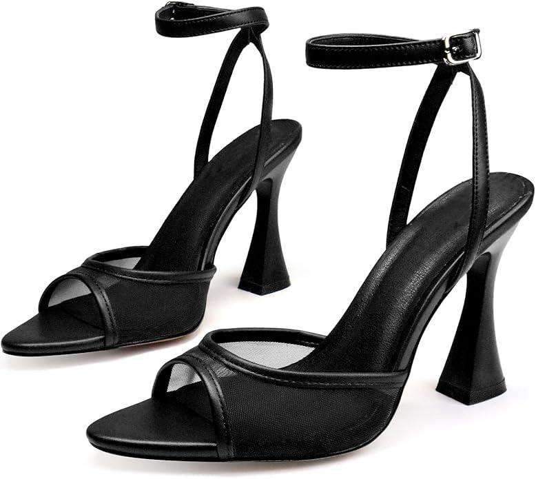 Black High Heels for Women Strappy Pointed Open Toe Heels Ankle Strap Kitten Heeled Sandals Wedding Bridal Party Prom Sexy Dress Shoes