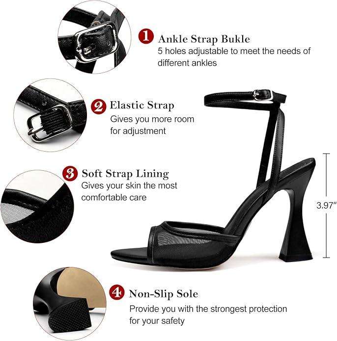 Black High Heels for Women Strappy Pointed Open Toe Heels Ankle Strap Kitten Heeled Sandals Wedding Bridal Party Prom Sexy Dress Shoes