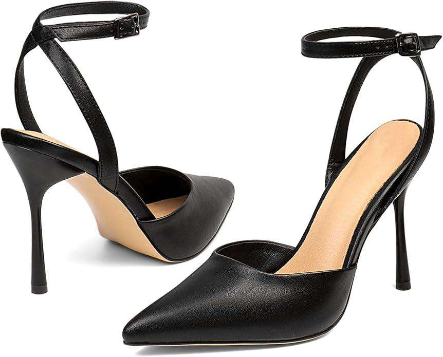 Brown Mesh Heels For Women Pointed Closed Toe Ankle Strap Wedding Party Stiletto Slingback Pumps