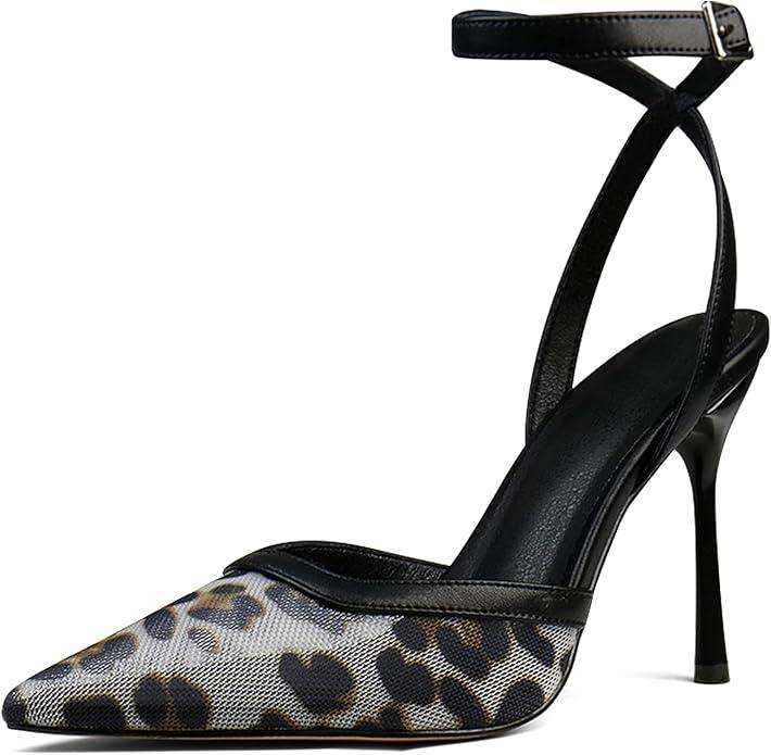 Brown Mesh Heels For Women Pointed Closed Toe Ankle Strap Wedding Party Stiletto Slingback Pumps