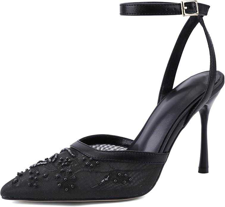 Brown Mesh Heels For Women Pointed Closed Toe Ankle Strap Wedding Party Stiletto Slingback Pumps