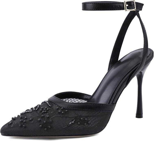 Brown Mesh Heels For Women Pointed Closed Toe Ankle Strap Wedding Party Stiletto Slingback Pumps