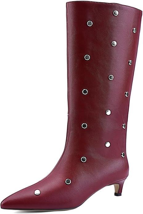 JilTrdWei Studded Mid Wide Calf Boots for Women Kitten Heel Knee High Boots Pointed Toe with Zipper