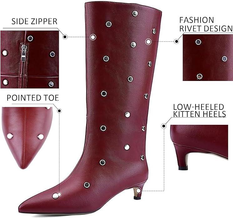 JilTrdWei Studded Mid Wide Calf Boots for Women Kitten Heel Knee High Boots Pointed Toe with Zipper