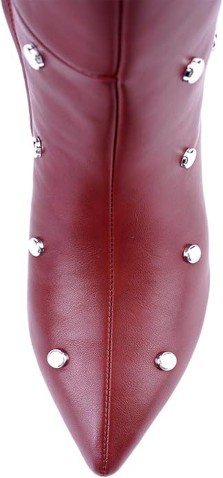 JilTrdWei Studded Mid Wide Calf Boots for Women Kitten Heel Knee High Boots Pointed Toe with Zipper