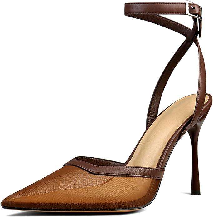Brown Mesh Heels For Women Pointed Closed Toe Ankle Strap Wedding Party Stiletto Slingback Pumps