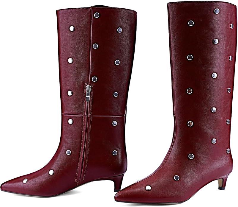 JilTrdWei Studded Mid Wide Calf Boots for Women Kitten Heel Knee High Boots Pointed Toe with Zipper