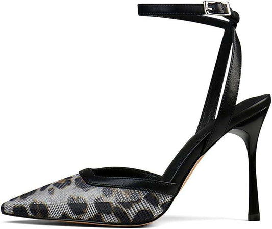 Brown Mesh Heels For Women Pointed Closed Toe Ankle Strap Wedding Party Stiletto Slingback Pumps