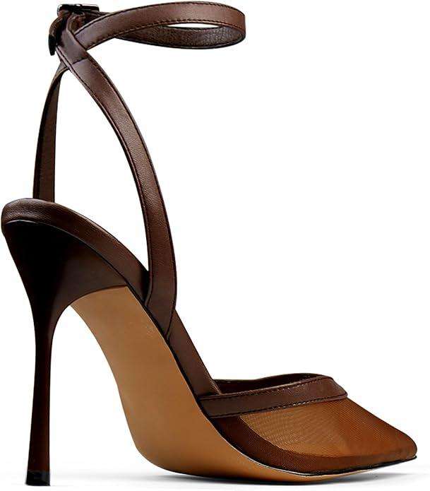 Brown Mesh Heels For Women Pointed Closed Toe Ankle Strap Wedding Party Stiletto Slingback Pumps