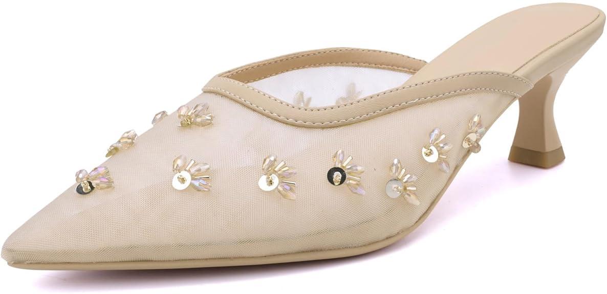 Women's Pointed Toe Mesh Mule Slip-On Kitten Heels - Rhinestone/Flower Embellished, Multiple Colors (Apricot/Black/Light Blue/Tan/Red/White/Nude) - Dress and Party Footwear
