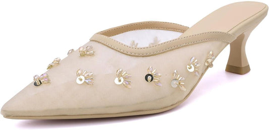 Women's Pointed Toe Mesh Mule Slip-On Kitten Heels - Rhinestone/Flower Embellished, Multiple Colors (Apricot/Black/Light Blue/Tan/Red/White/Nude) - Dress and Party Footwear