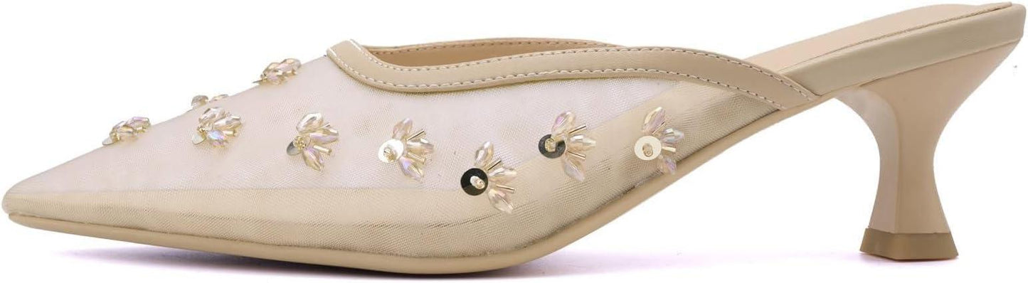 Women's Pointed Toe Mesh Mule Slip-On Kitten Heels - Rhinestone/Flower Embellished, Multiple Colors (Apricot/Black/Light Blue/Tan/Red/White/Nude) - Dress and Party Footwear