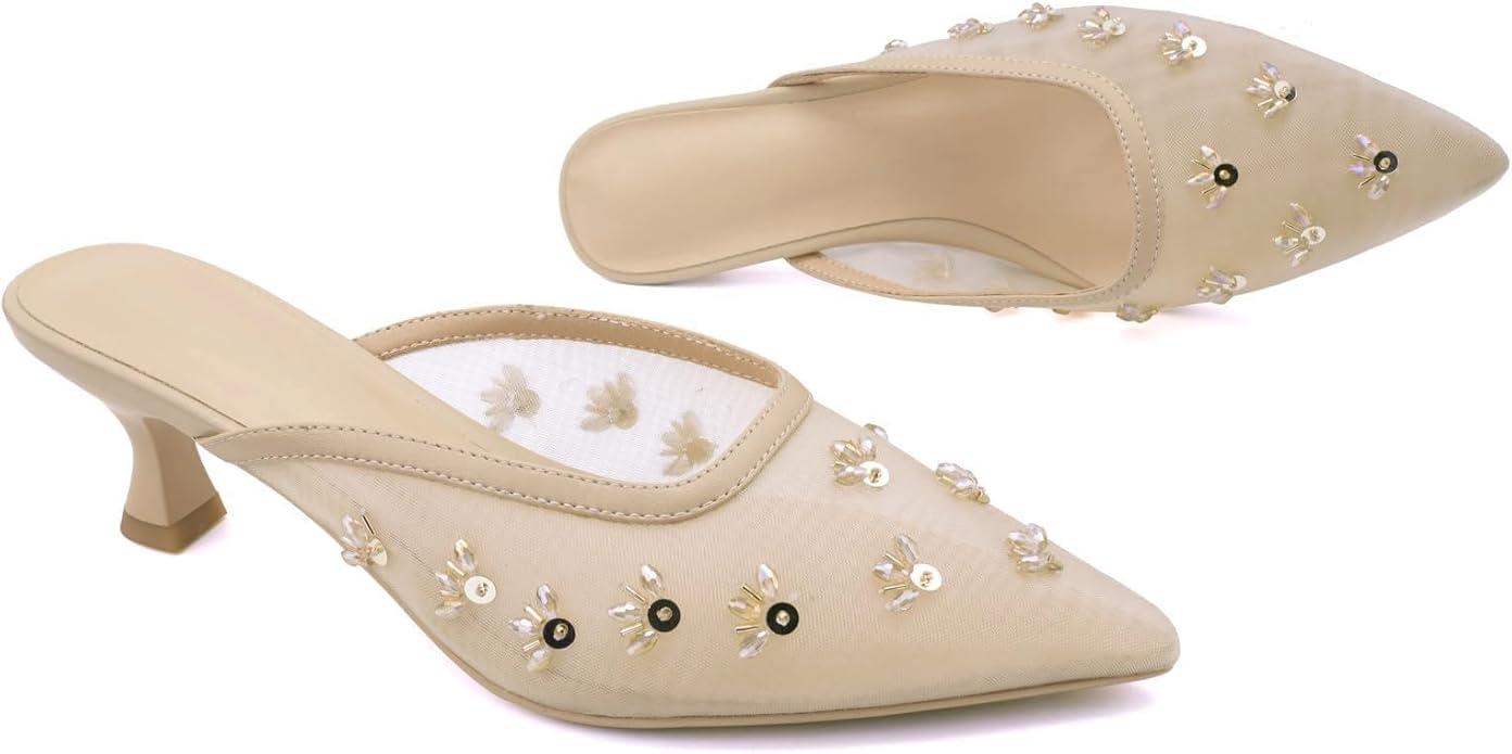 Women's Pointed Toe Mesh Mule Slip-On Kitten Heels - Rhinestone/Flower Embellished, Multiple Colors (Apricot/Black/Light Blue/Tan/Red/White/Nude) - Dress and Party Footwear