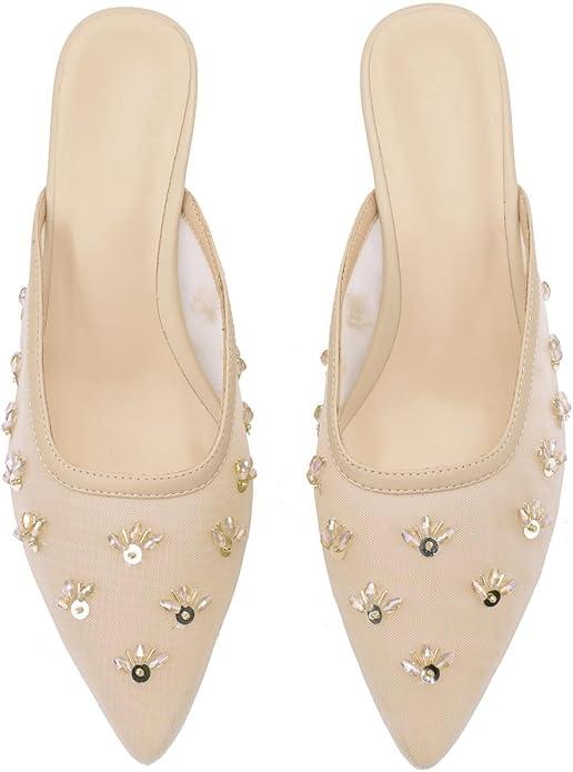 Women's Pointed Toe Mesh Mule Slip-On Kitten Heels - Rhinestone/Flower Embellished, Multiple Colors (Apricot/Black/Light Blue/Tan/Red/White/Nude) - Dress and Party Footwear