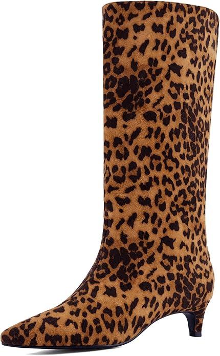 JilTrdWei Studded Mid Wide Calf Boots for Women Kitten Heel Knee High Boots Pointed Toe with Zipper