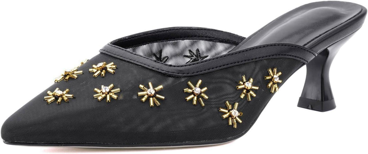 Women's Pointed Toe Mesh Mule Slip-On Kitten Heels - Rhinestone/Flower Embellished, Multiple Colors (Apricot/Black/Light Blue/Tan/Red/White/Nude) - Dress and Party Footwear