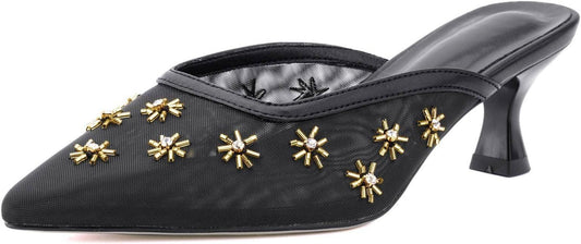 Women's Pointed Toe Mesh Mule Slip-On Kitten Heels - Rhinestone/Flower Embellished, Multiple Colors (Apricot/Black/Light Blue/Tan/Red/White/Nude) - Dress and Party Footwear