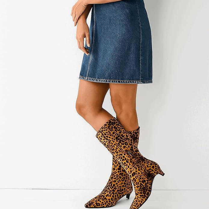 JilTrdWei Studded Mid Wide Calf Boots for Women Kitten Heel Knee High Boots Pointed Toe with Zipper