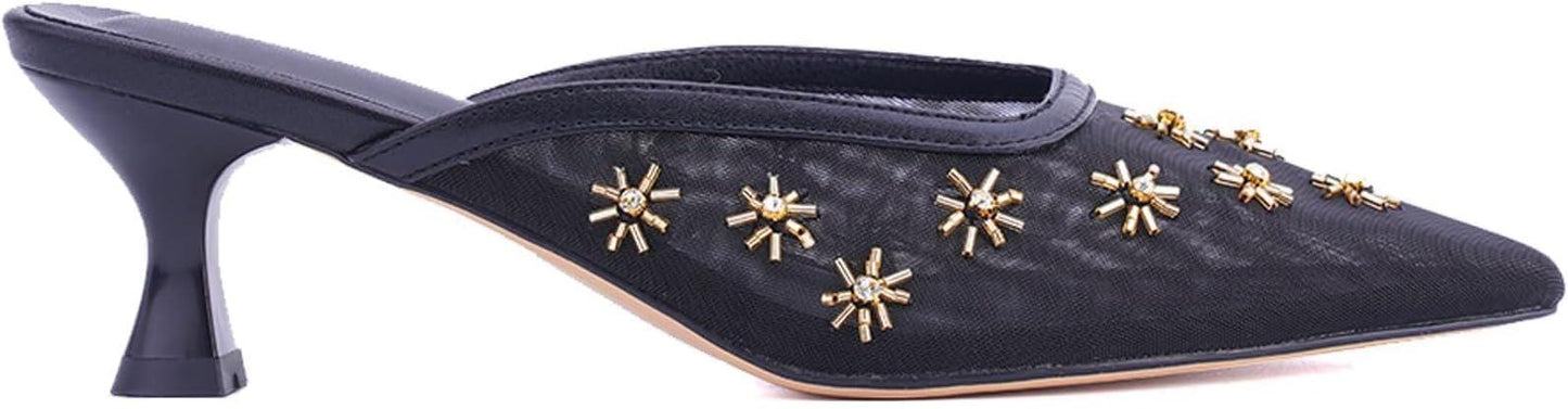 Women's Pointed Toe Mesh Mule Slip-On Kitten Heels - Rhinestone/Flower Embellished, Multiple Colors (Apricot/Black/Light Blue/Tan/Red/White/Nude) - Dress and Party Footwear