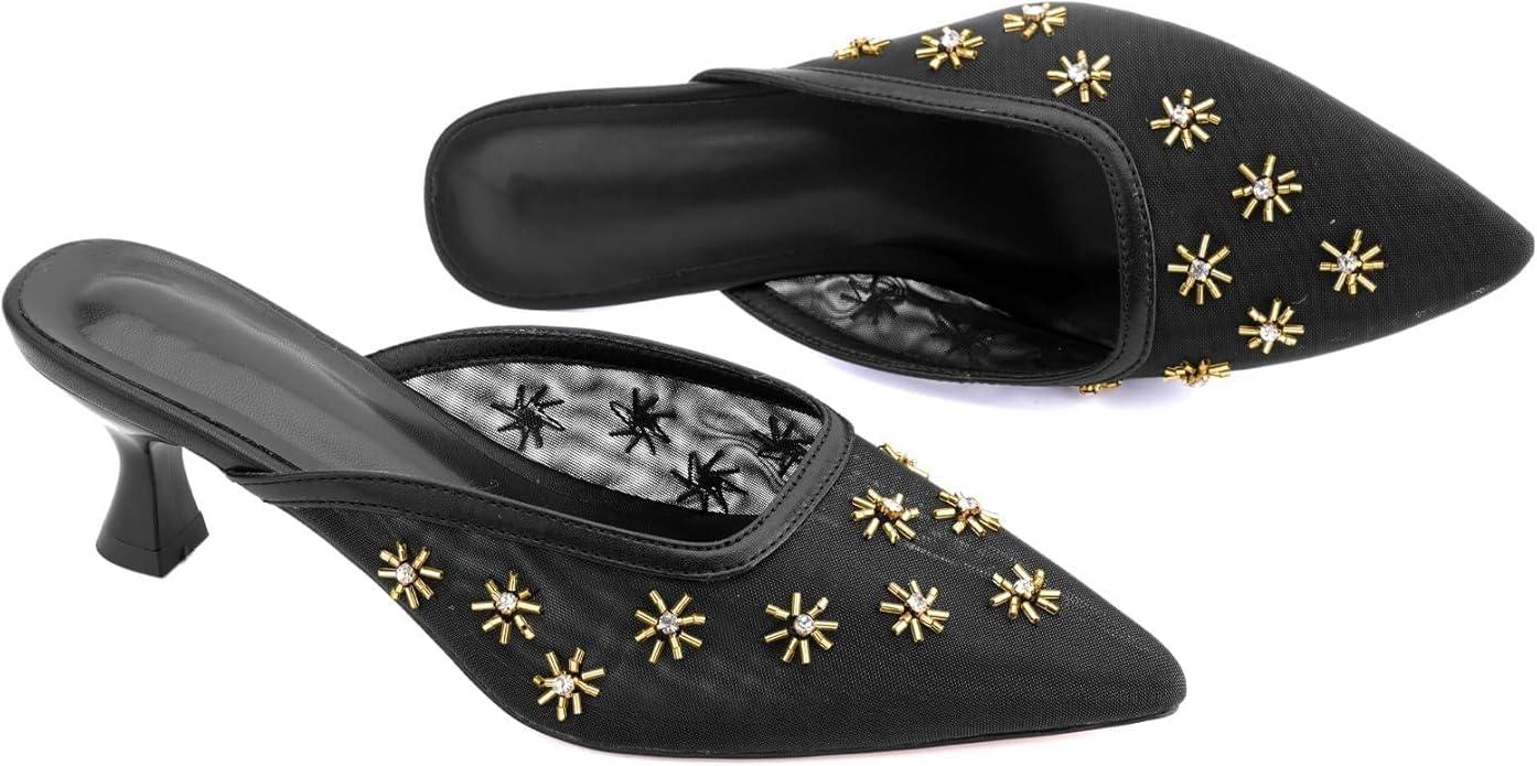 Women's Pointed Toe Mesh Mule Slip-On Kitten Heels - Rhinestone/Flower Embellished, Multiple Colors (Apricot/Black/Light Blue/Tan/Red/White/Nude) - Dress and Party Footwear