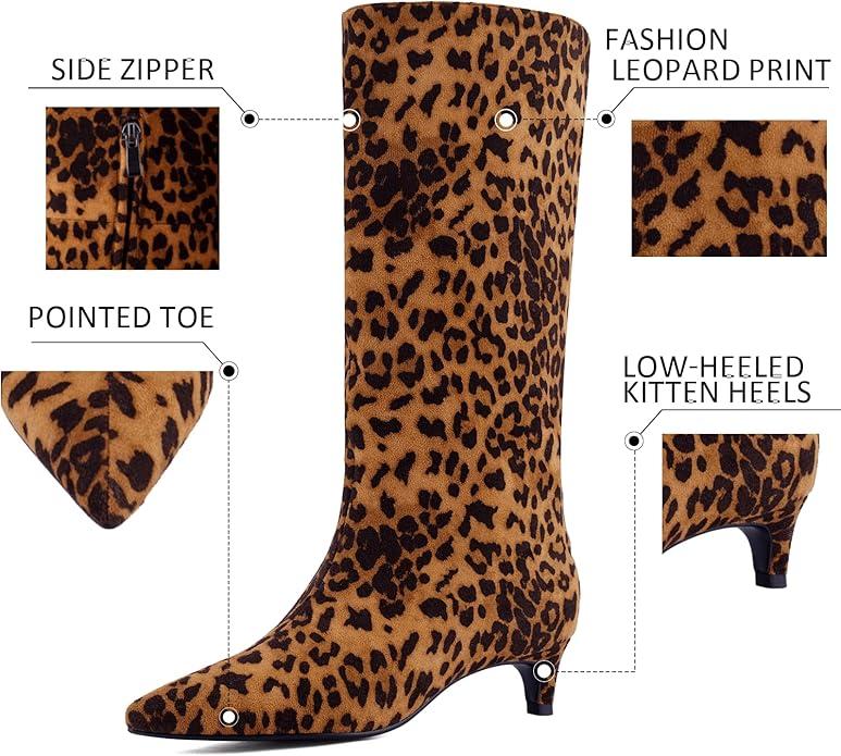 JilTrdWei Studded Mid Wide Calf Boots for Women Kitten Heel Knee High Boots Pointed Toe with Zipper