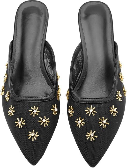 Women's Pointed Toe Mesh Mule Slip-On Kitten Heels - Rhinestone/Flower Embellished, Multiple Colors (Apricot/Black/Light Blue/Tan/Red/White/Nude) - Dress and Party Footwear