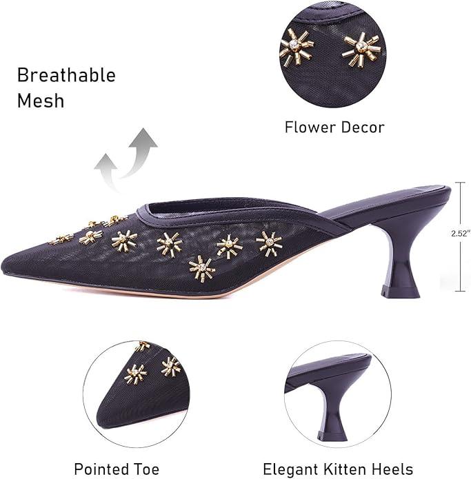 Women's Pointed Toe Mesh Mule Slip-On Kitten Heels - Rhinestone/Flower Embellished, Multiple Colors (Apricot/Black/Light Blue/Tan/Red/White/Nude) - Dress and Party Footwear