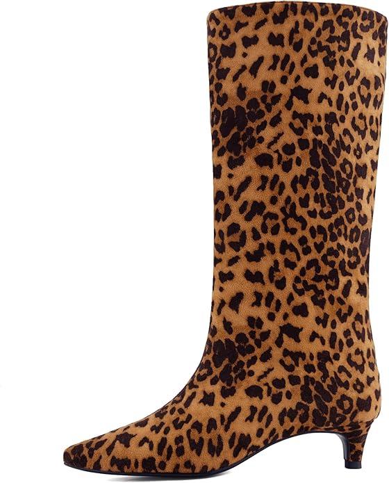 JilTrdWei Studded Mid Wide Calf Boots for Women Kitten Heel Knee High Boots Pointed Toe with Zipper