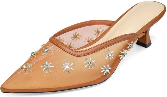 Women's Pointed Toe Mesh Mule Slip-On Kitten Heels - Rhinestone/Flower Embellished, Multiple Colors (Apricot/Black/Light Blue/Tan/Red/White/Nude) - Dress and Party Footwear
