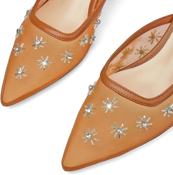 Women's Pointed Toe Mesh Mule Slip-On Kitten Heels - Rhinestone/Flower Embellished, Multiple Colors (Apricot/Black/Light Blue/Tan/Red/White/Nude) - Dress and Party Footwear