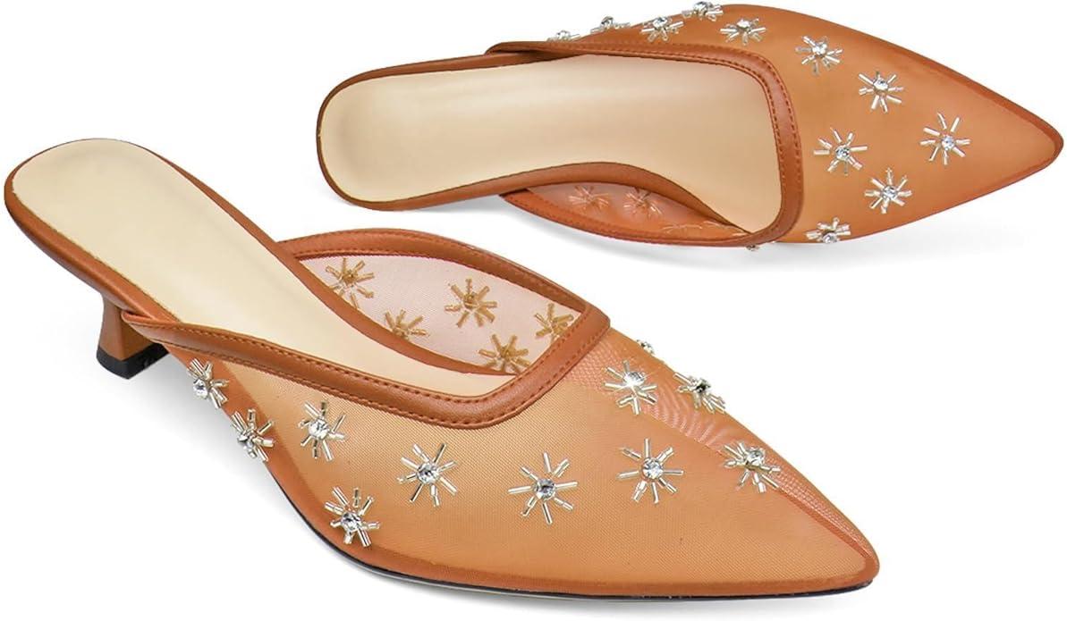 Women's Pointed Toe Mesh Mule Slip-On Kitten Heels - Rhinestone/Flower Embellished, Multiple Colors (Apricot/Black/Light Blue/Tan/Red/White/Nude) - Dress and Party Footwear