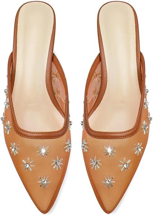 Women's Pointed Toe Mesh Mule Slip-On Kitten Heels - Rhinestone/Flower Embellished, Multiple Colors (Apricot/Black/Light Blue/Tan/Red/White/Nude) - Dress and Party Footwear