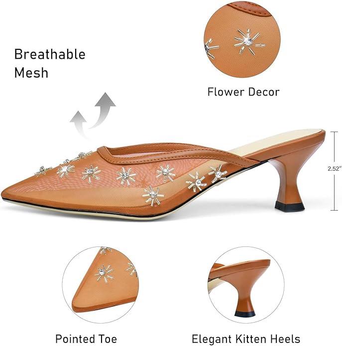 Women's Pointed Toe Mesh Mule Slip-On Kitten Heels - Rhinestone/Flower Embellished, Multiple Colors (Apricot/Black/Light Blue/Tan/Red/White/Nude) - Dress and Party Footwear