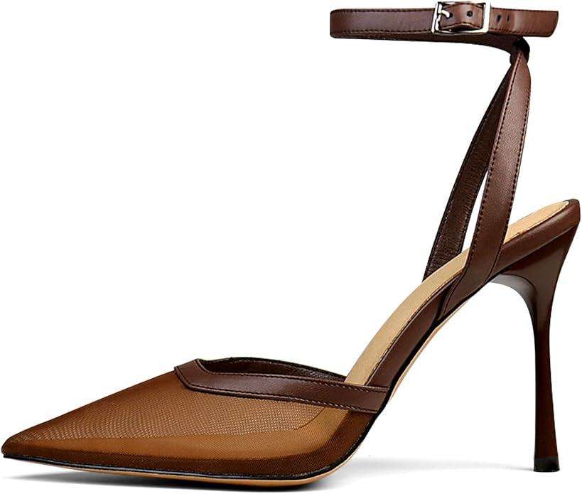 Brown Mesh Heels For Women Pointed Closed Toe Ankle Strap Wedding Party Stiletto Slingback Pumps