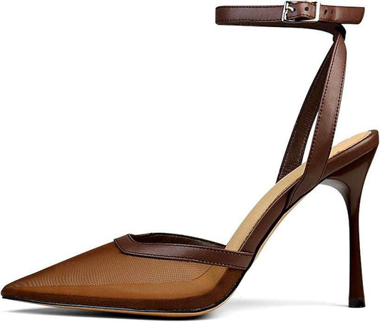 Brown Mesh Heels For Women Pointed Closed Toe Ankle Strap Wedding Party Stiletto Slingback Pumps