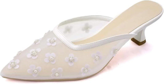 Women's Pointed Toe Mesh Mule Slip-On Kitten Heels - Rhinestone/Flower Embellished, Multiple Colors (Apricot/Black/Light Blue/Tan/Red/White/Nude) - Dress and Party Footwear