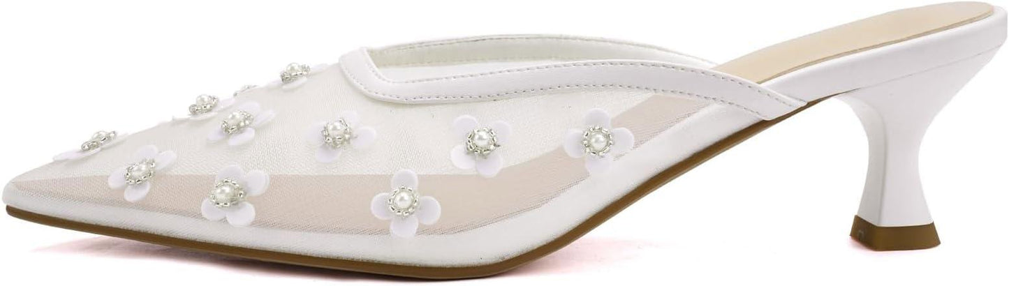 Women's Pointed Toe Mesh Mule Slip-On Kitten Heels - Rhinestone/Flower Embellished, Multiple Colors (Apricot/Black/Light Blue/Tan/Red/White/Nude) - Dress and Party Footwear