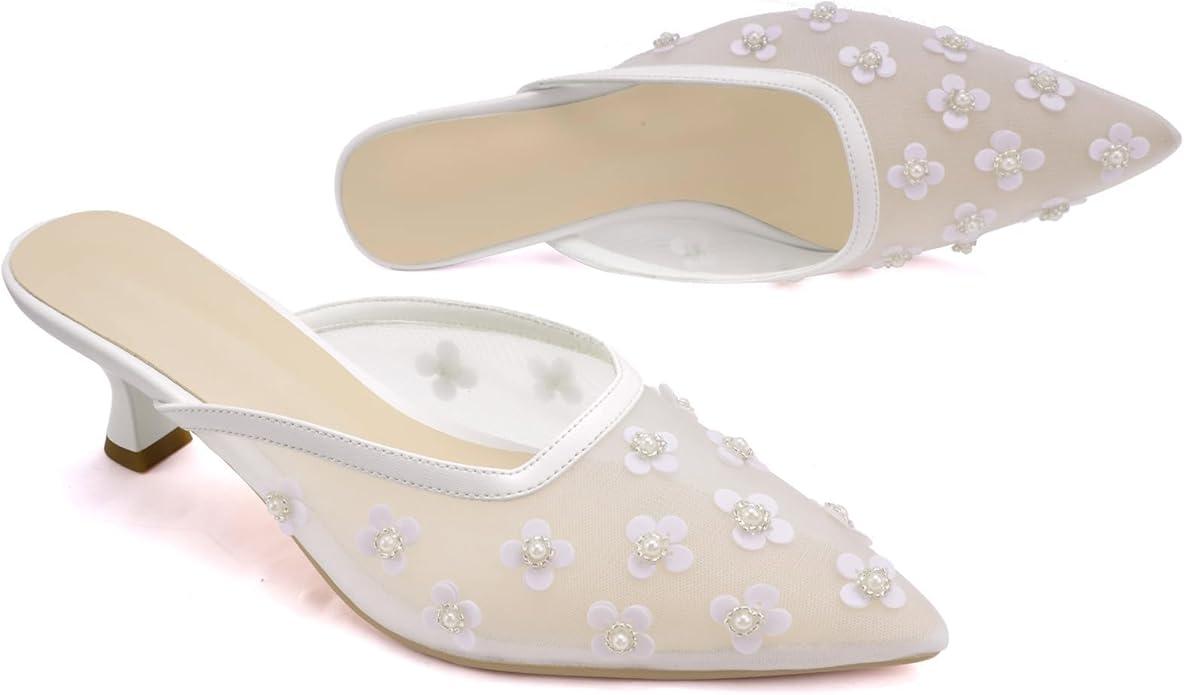 Women's Pointed Toe Mesh Mule Slip-On Kitten Heels - Rhinestone/Flower Embellished, Multiple Colors (Apricot/Black/Light Blue/Tan/Red/White/Nude) - Dress and Party Footwear