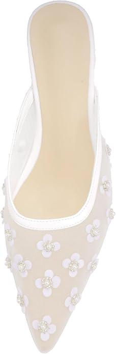Women's Pointed Toe Mesh Mule Slip-On Kitten Heels - Rhinestone/Flower Embellished, Multiple Colors (Apricot/Black/Light Blue/Tan/Red/White/Nude) - Dress and Party Footwear