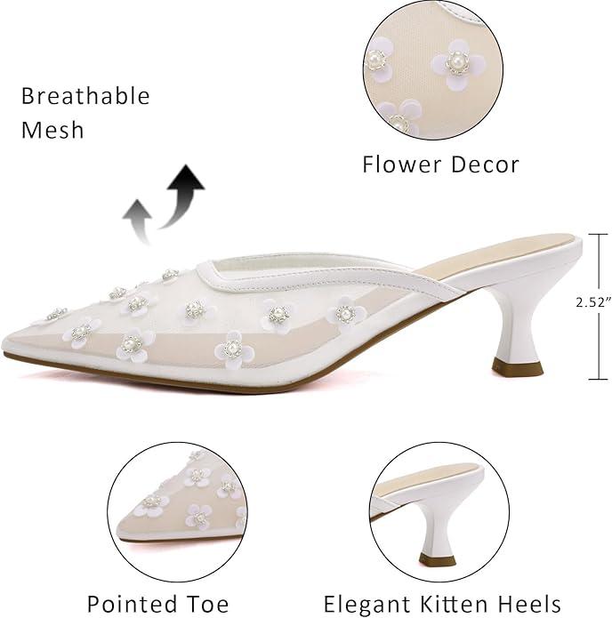 Women's Pointed Toe Mesh Mule Slip-On Kitten Heels - Rhinestone/Flower Embellished, Multiple Colors (Apricot/Black/Light Blue/Tan/Red/White/Nude) - Dress and Party Footwear