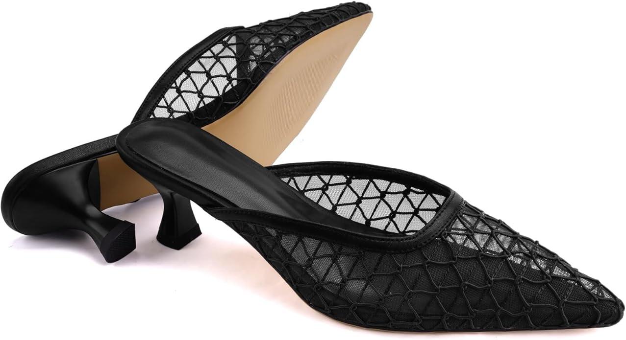 Women's Pointed Toe Mesh Mule Slip-On Kitten Heels - Rhinestone/Flower Embellished, Multiple Colors (Apricot/Black/Light Blue/Tan/Red/White/Nude) - Dress and Party Footwear