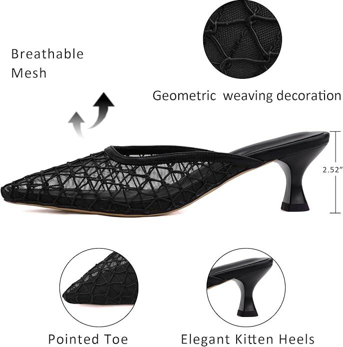 Women's Pointed Toe Mesh Mule Slip-On Kitten Heels - Rhinestone/Flower Embellished, Multiple Colors (Apricot/Black/Light Blue/Tan/Red/White/Nude) - Dress and Party Footwear