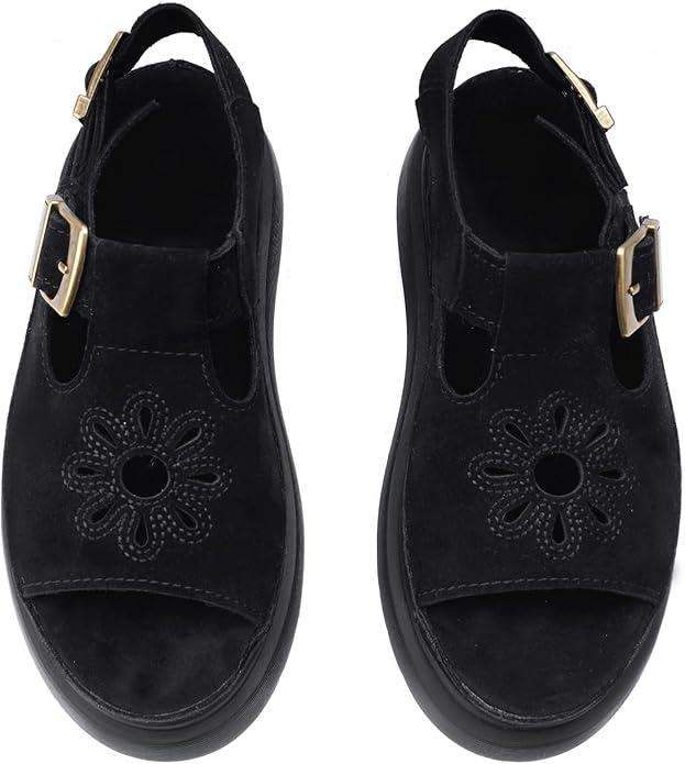 Women's Floral Brown Platform Sandals Adjustable Buckle with Non-Slip Sole T-Strap Comfort Open Toe Slip On Summer Beach Sandals