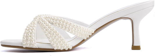 Peep Toe Kitten Heels For Women Slippers Heeled Sandals Flip Flops Summer Low Heels Mules For Women Dressy Prom-White Pearls-9.5