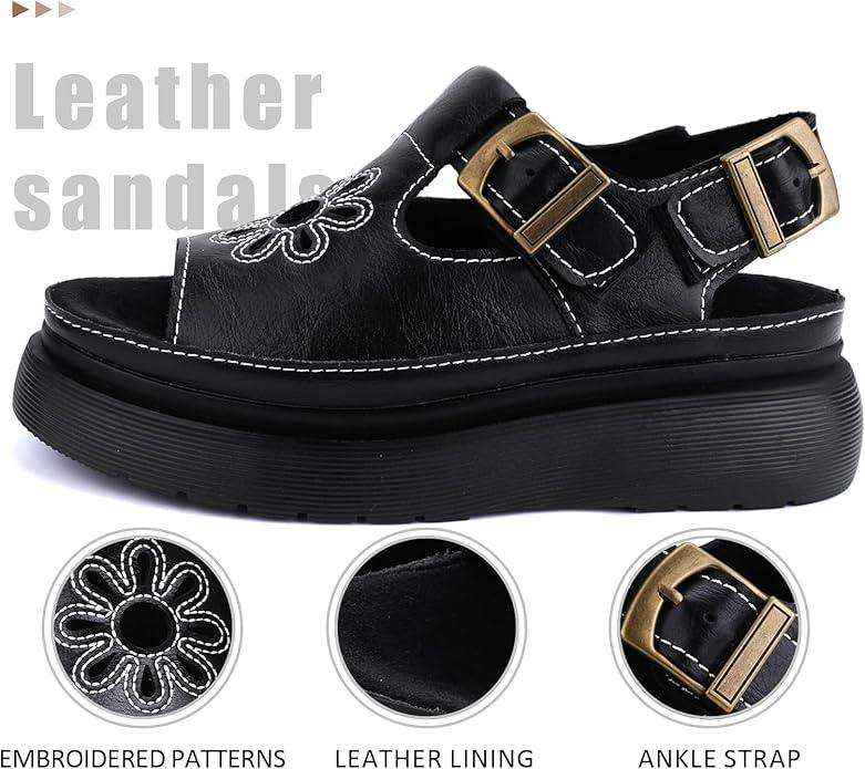 Women's Floral Brown Platform Sandals Adjustable Buckle with Non-Slip Sole T-Strap Comfort Open Toe Slip On Summer Beach Sandals